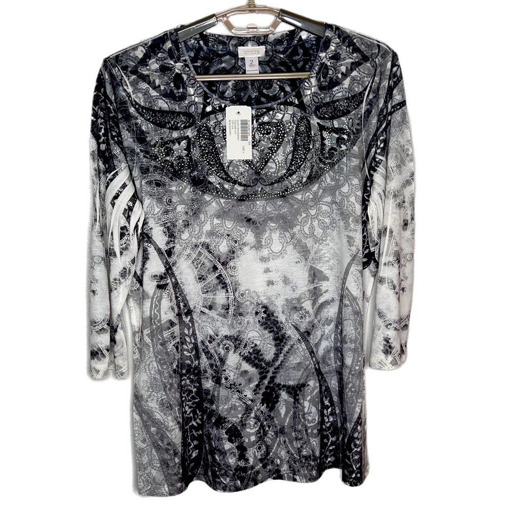 Chico’s top Size 2 Bohemian look.  Black & Ivory 3/4 sleeves.  Embellishments